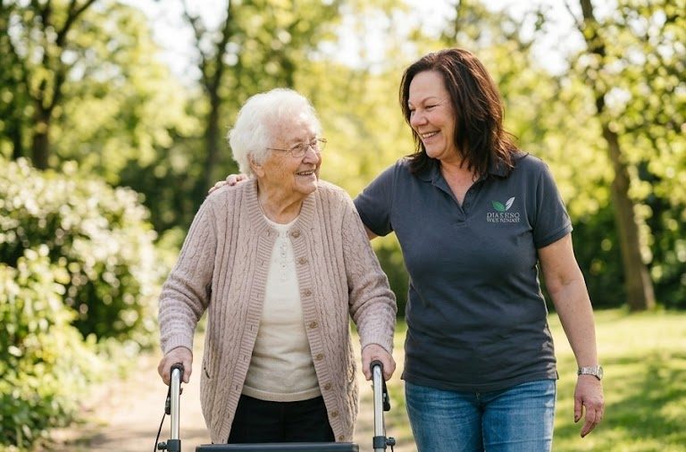 Betreuungskraft des Pflegeteam Weitsicht spaziert lachend mit einer Seniorin am Rollator durch den sonnigen Park