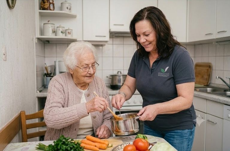 Mitarbeiterin des Pflegeteam Weitsicht bereitet gemeinsam mit einer Seniorin am Küchentisch frisches Gemüse zu