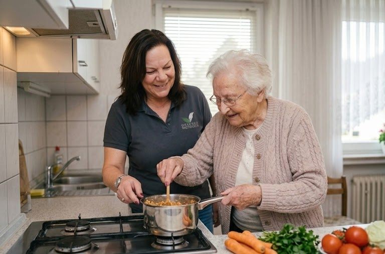 Mitarbeiterin des Pflegeteam Weitsicht kocht gemeinsam mit einer Seniorin frisches Gemüse in deren Küche