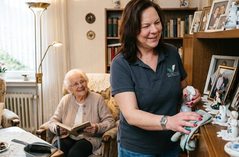 Mitarbeiterin des Pflegeteam Weitsicht wischt Staub im Wohnzimmer, während die Seniorin entspannt in ihrem Sessel liest